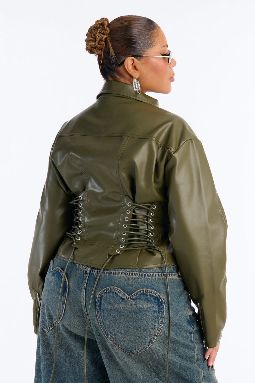 She's The Moment Corset Faux Leather Moto Jacket - Olive