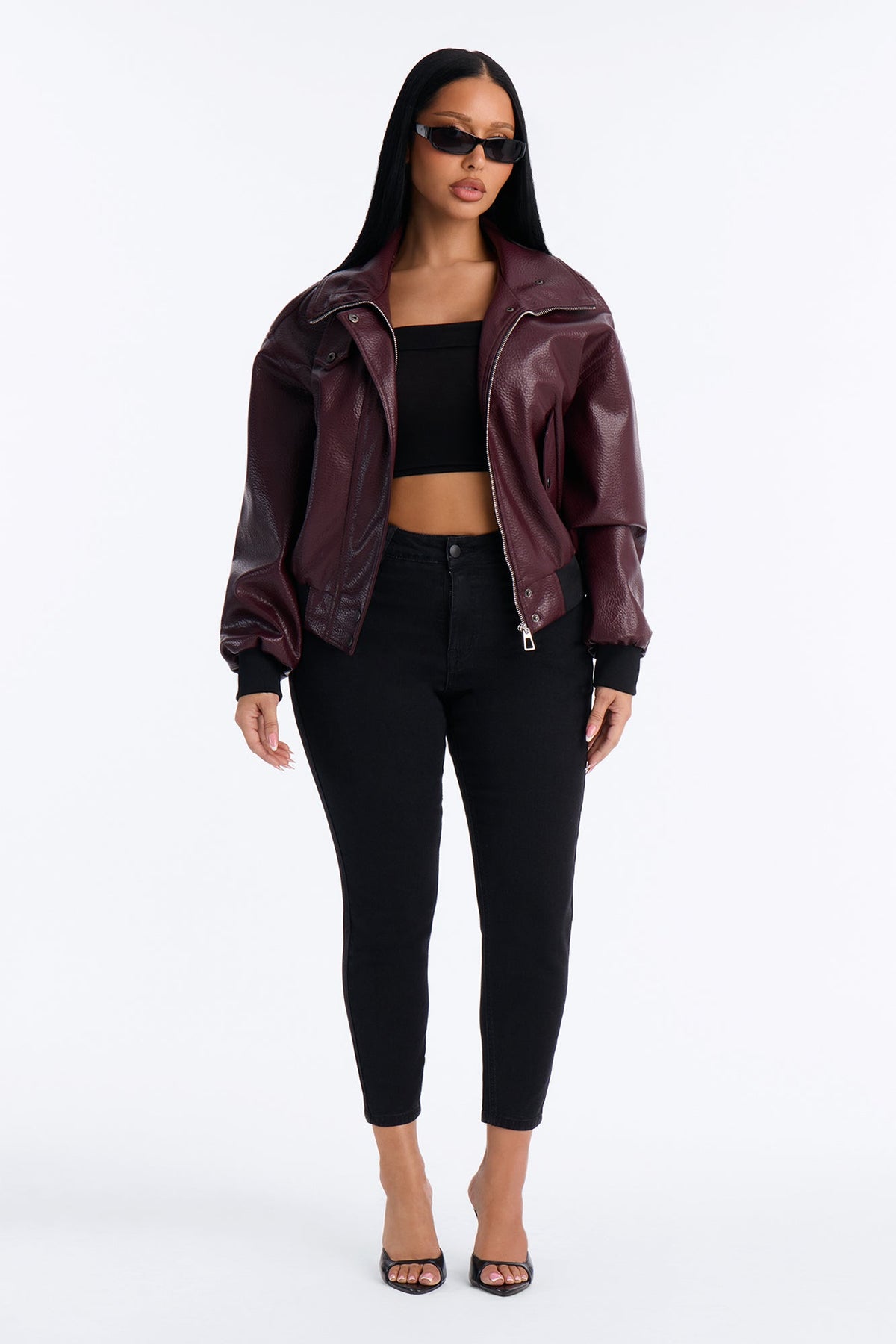 Hailey Faux Leather Funnel Neck Bomber - Burgundy