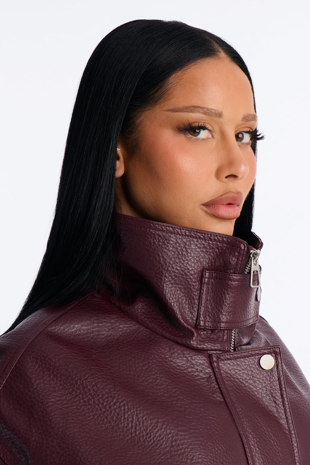 Hailey Faux Leather Funnel Neck Bomber - Burgundy