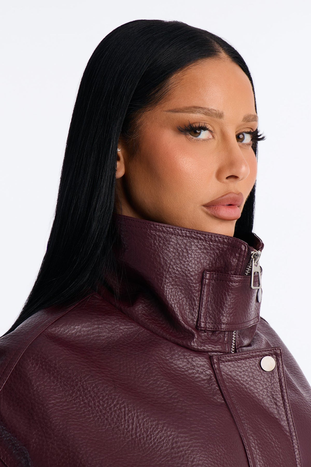 Hailey Faux Leather Funnel Neck Bomber - Burgundy