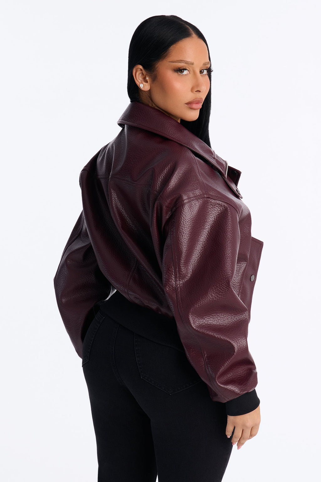 Hailey Faux Leather Funnel Neck Bomber - Burgundy