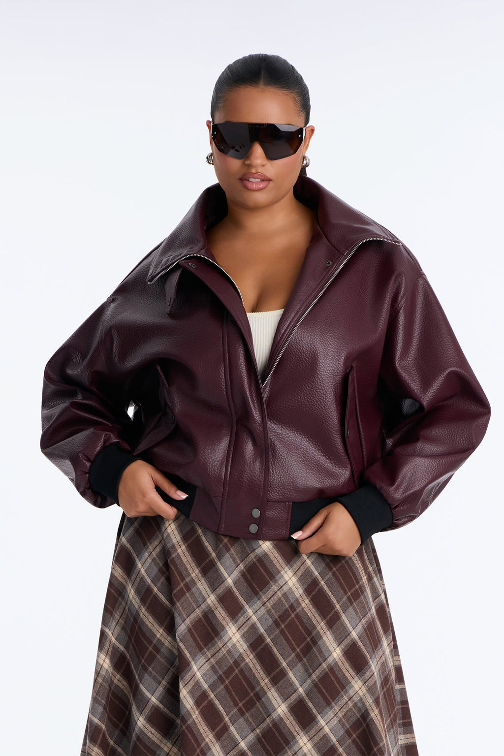 Hailey Faux Leather Funnel Neck Bomber - Burgundy