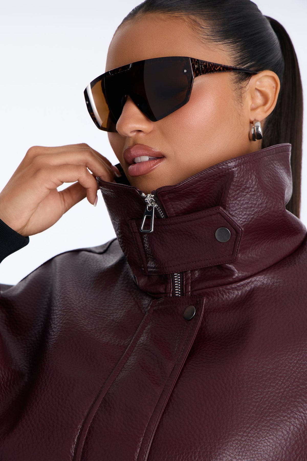 Hailey Faux Leather Funnel Neck Bomber - Burgundy