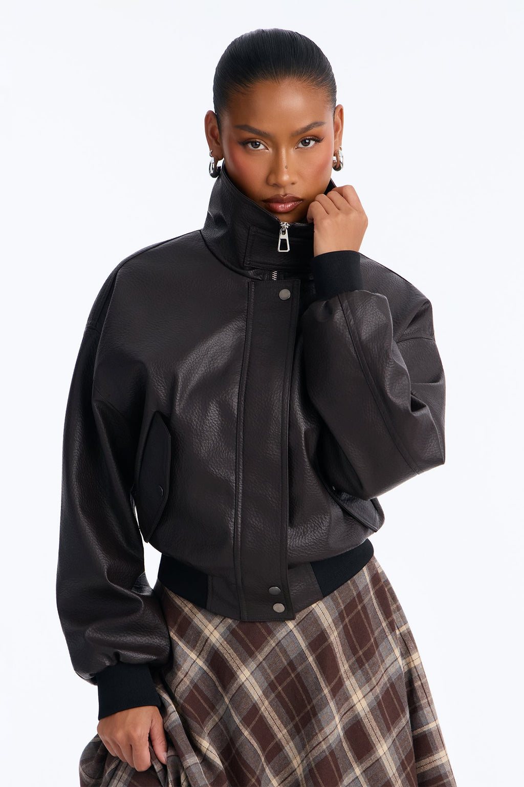 Hailey Faux Leather Funnel Neck Bomber - Chocolate