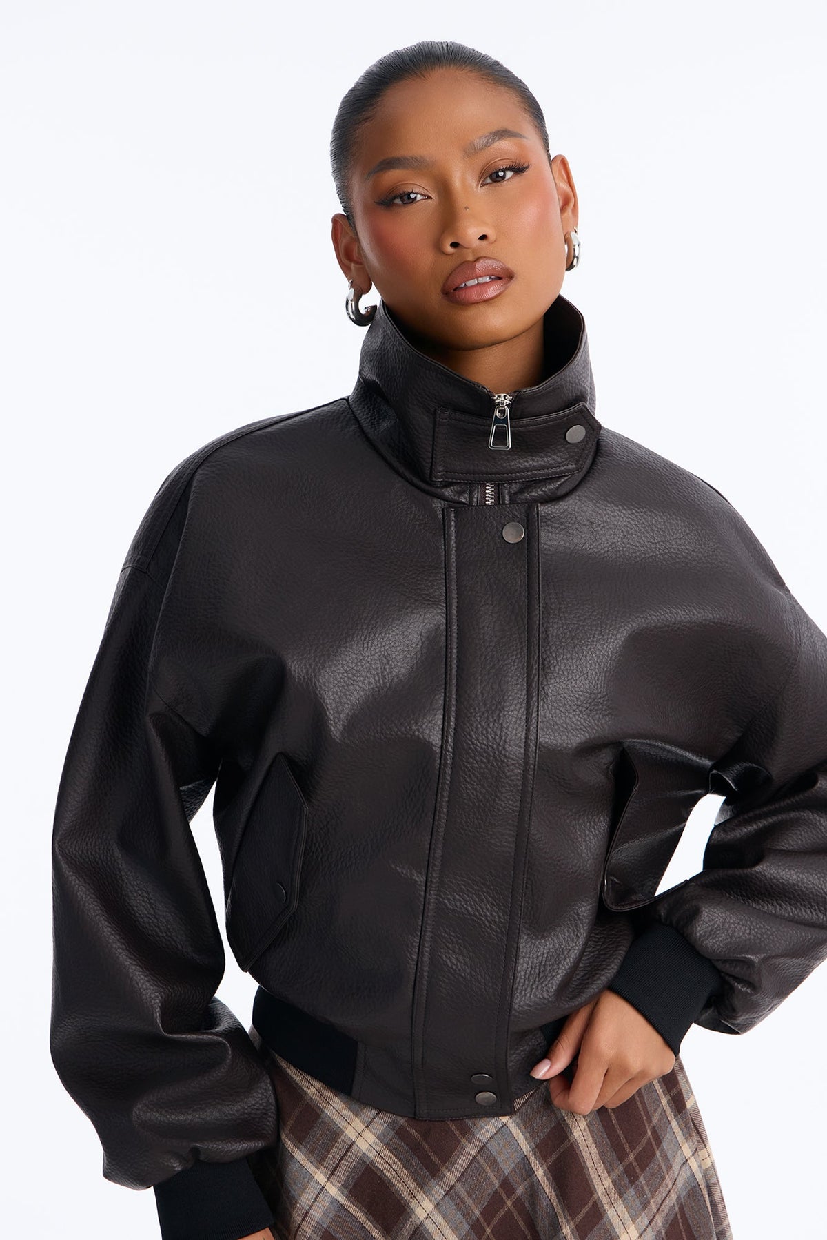 Hailey Faux Leather Funnel Neck Bomber - Chocolate