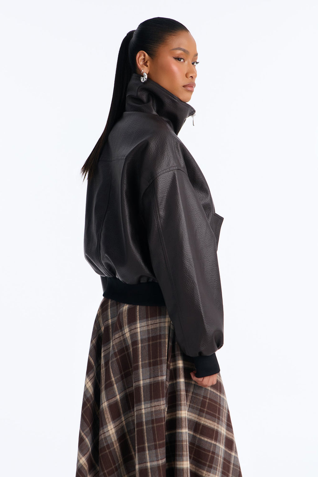 Hailey Faux Leather Funnel Neck Bomber - Chocolate