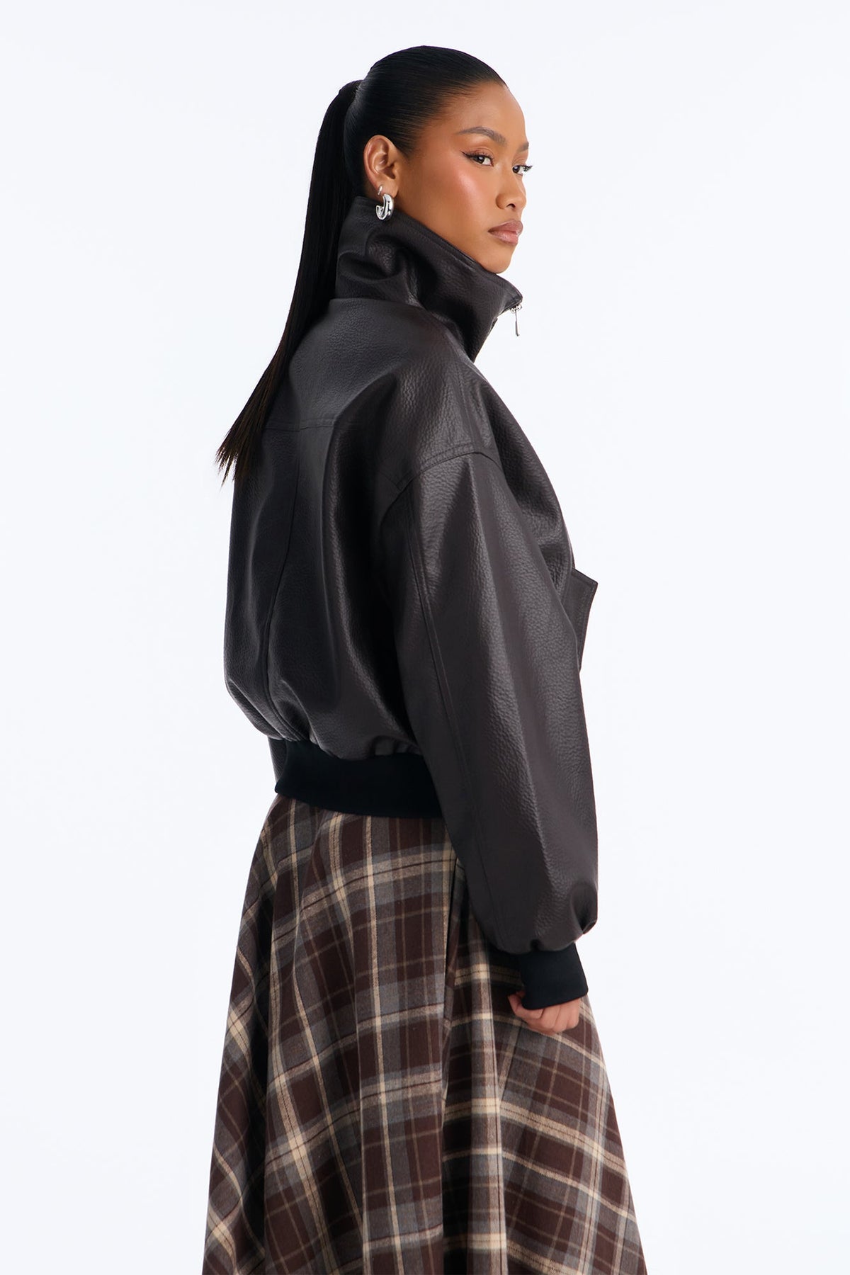 Hailey Faux Leather Funnel Neck Bomber - Chocolate