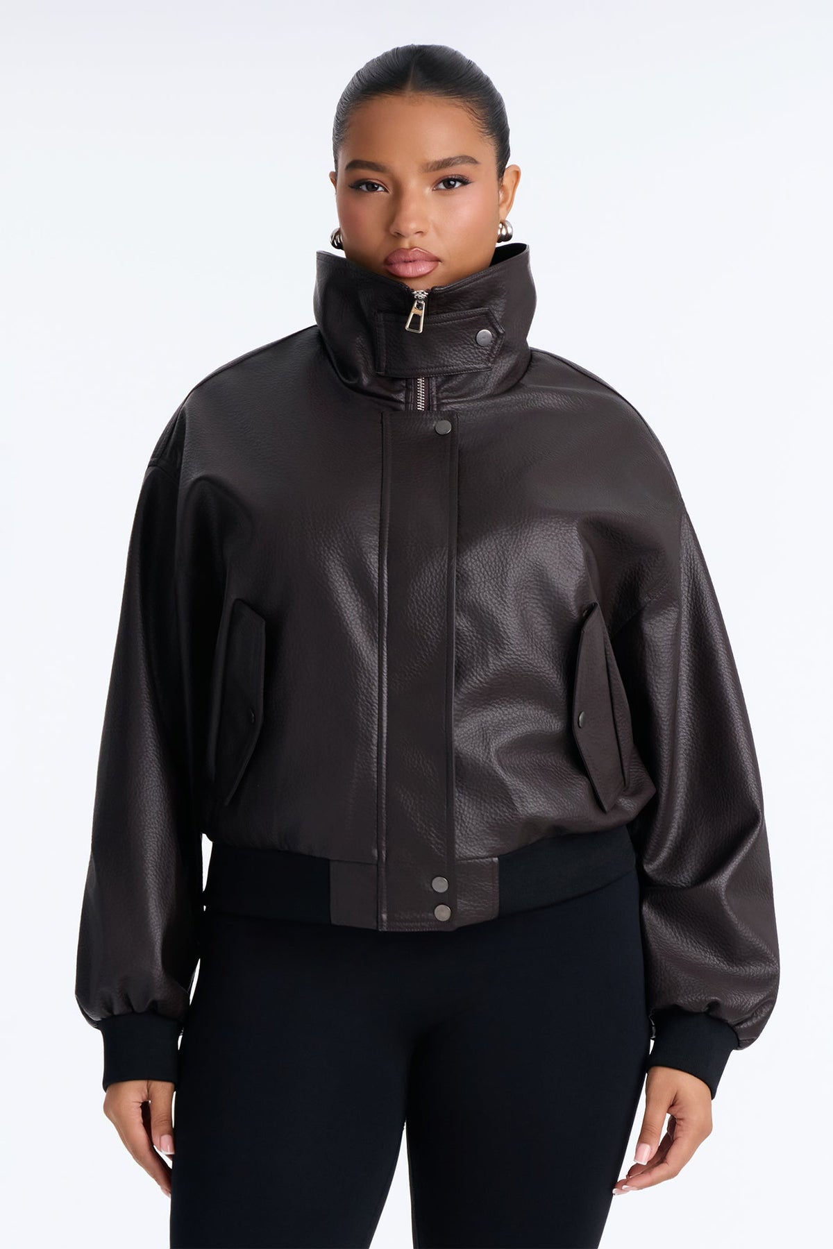 Hailey Faux Leather Funnel Neck Bomber - Chocolate