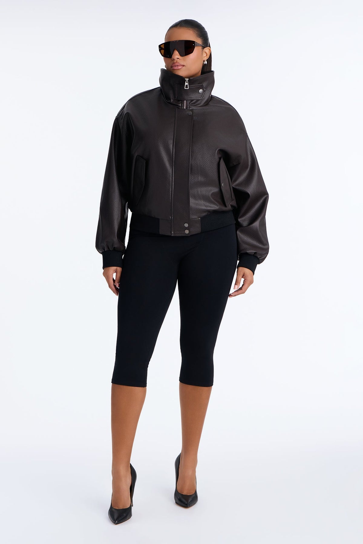 Hailey Faux Leather Funnel Neck Bomber - Chocolate