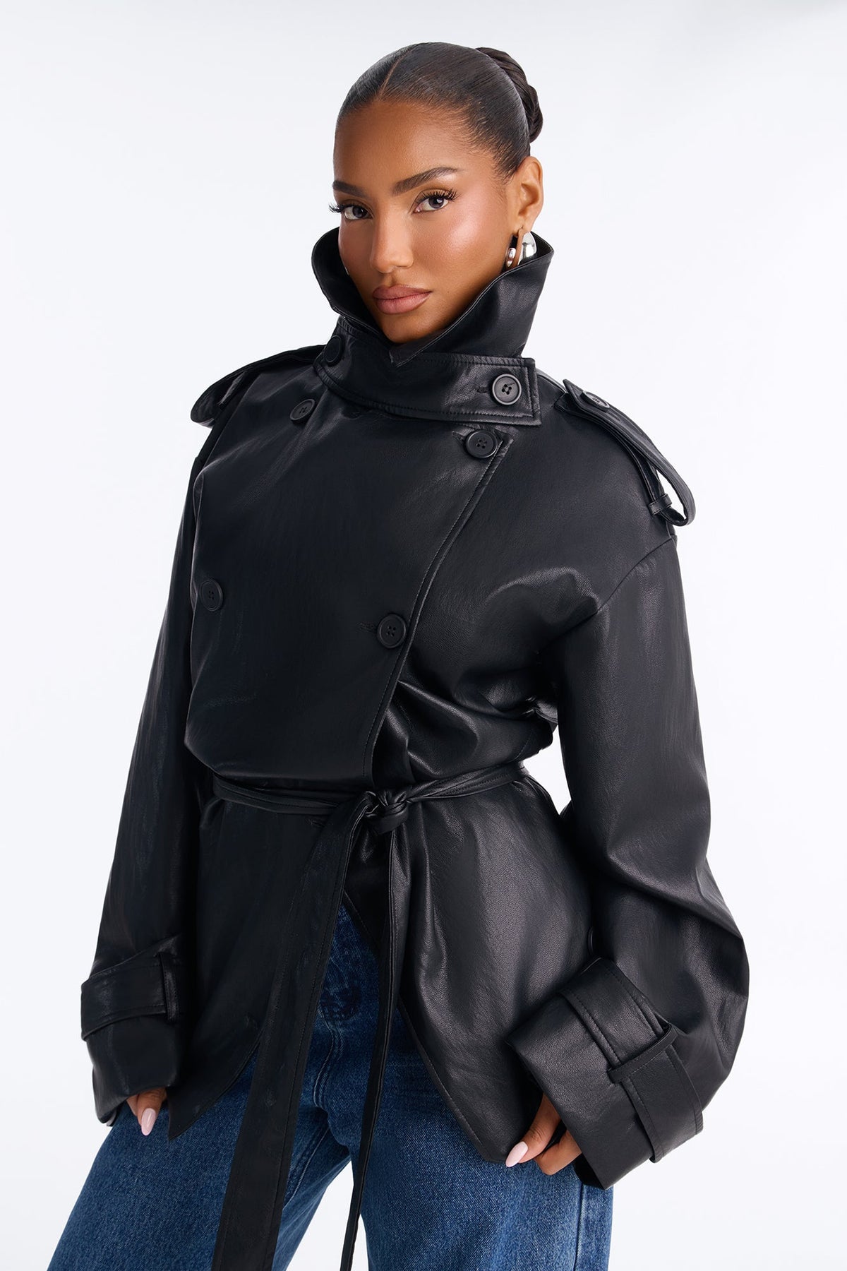 Main Character Energy Funnel Neck Trench Coat - Black