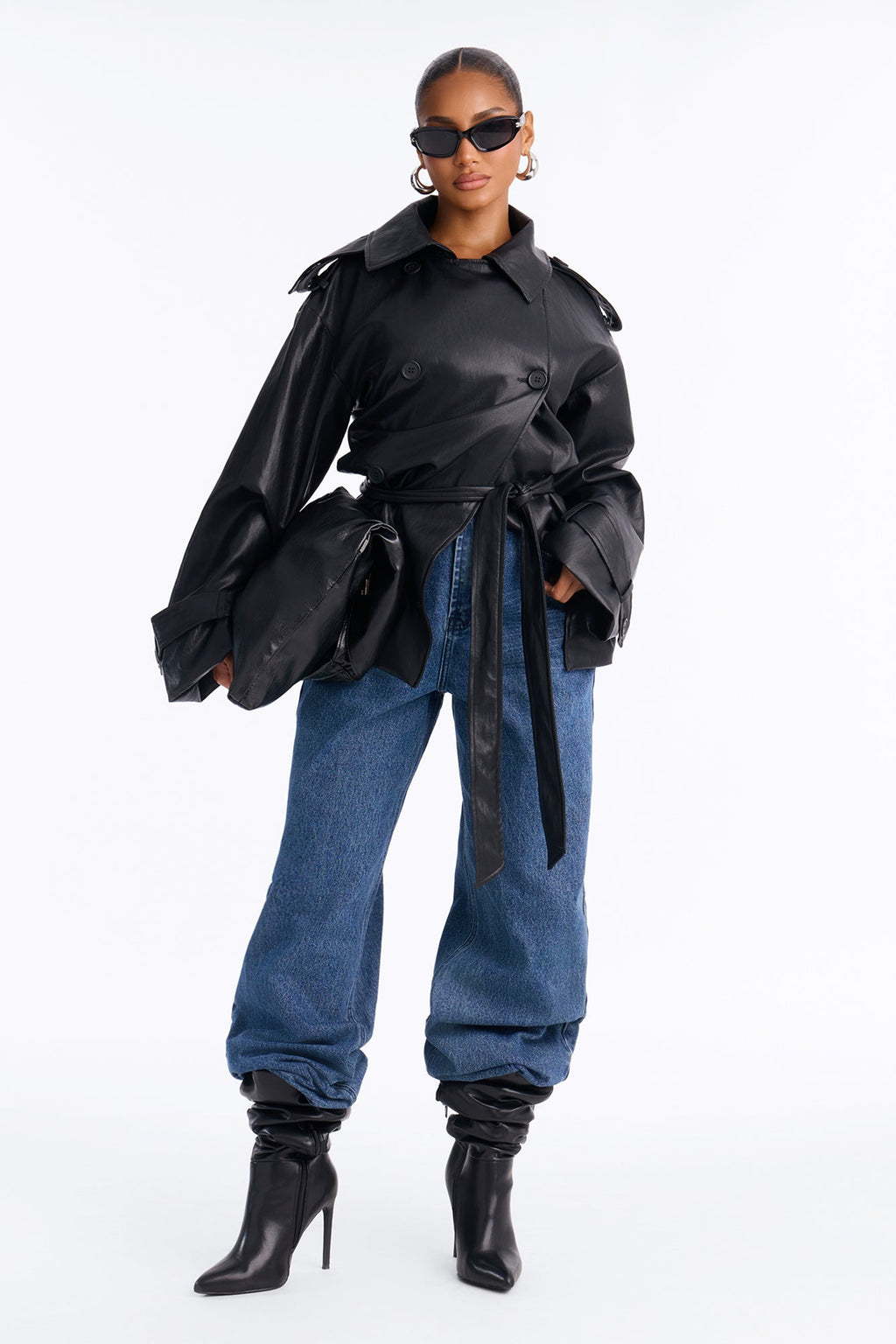 Main Character Energy Funnel Neck Trench Coat - Black
