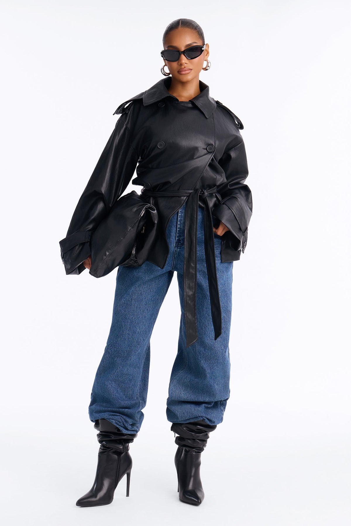 Main Character Energy Funnel Neck Trench Coat - Black
