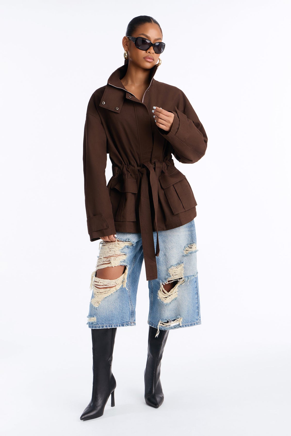 Keeping It Classy Belted Funnel Neck Anorak Jacket - Chocolate