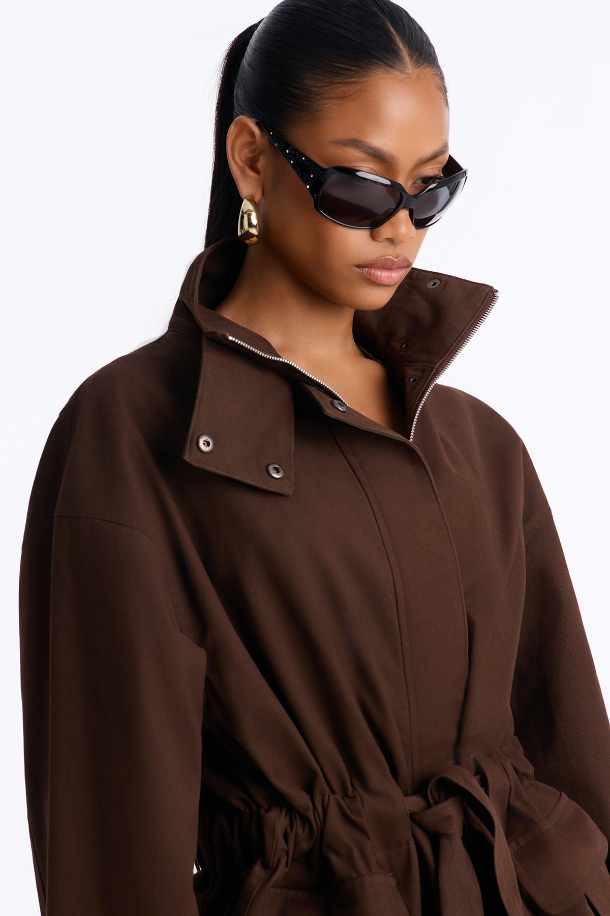 Keeping It Classy Belted Funnel Neck Anorak Jacket - Chocolate