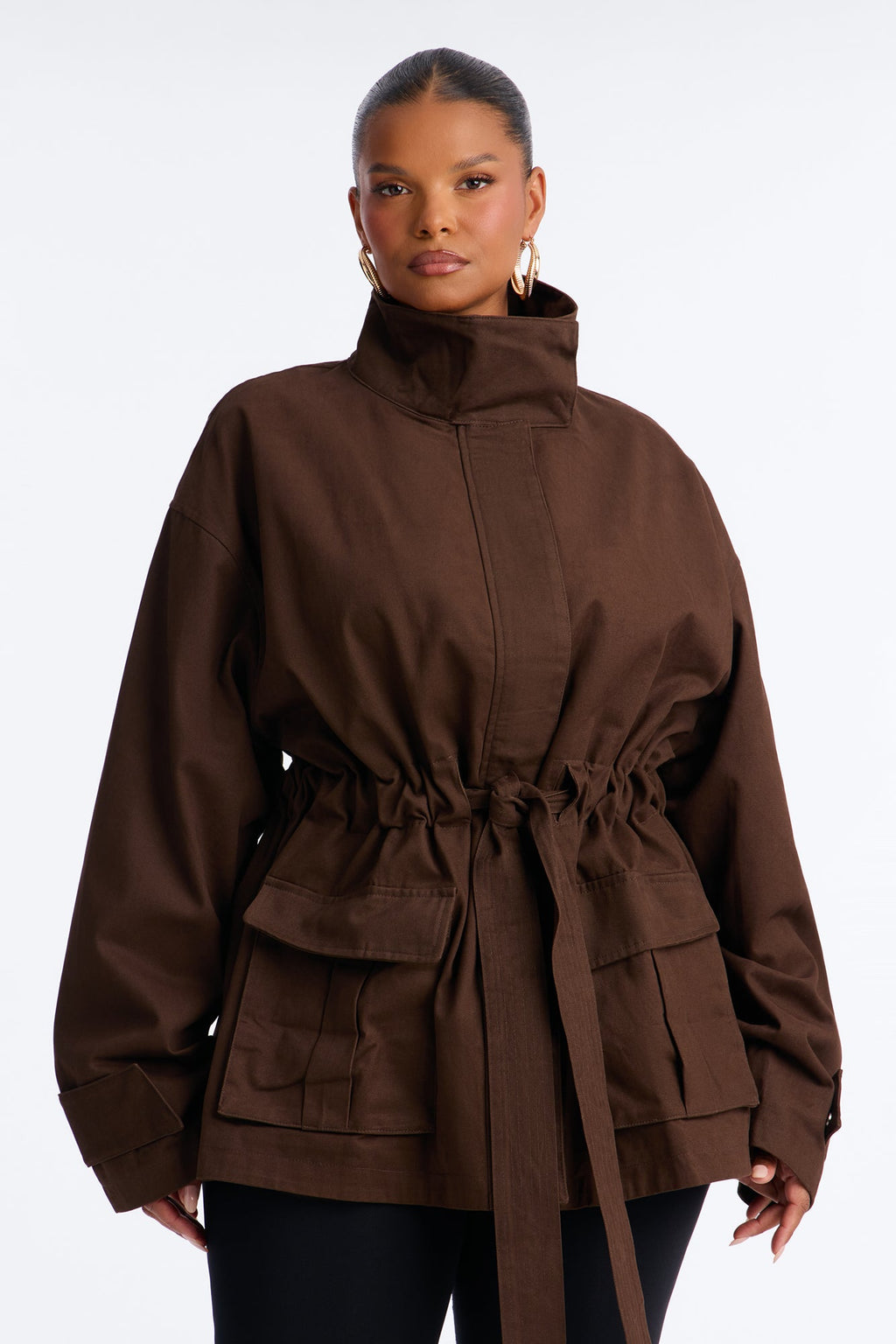 Keeping It Classy Belted Funnel Neck Anorak Jacket - Chocolate
