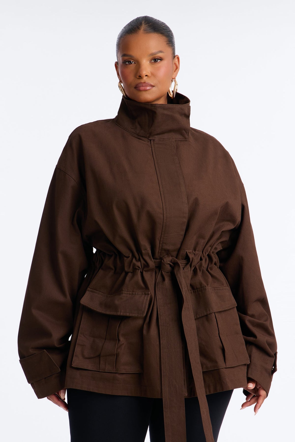 Keeping It Classy Belted Funnel Neck Anorak Jacket - Chocolate