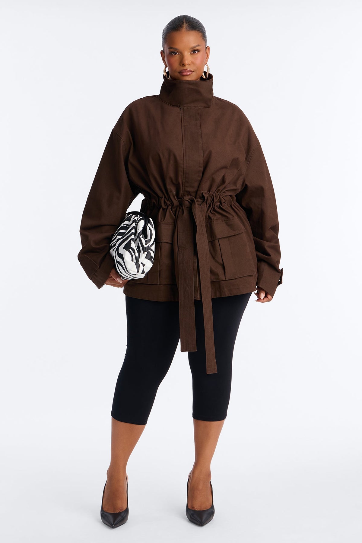 Keeping It Classy Belted Funnel Neck Anorak Jacket - Chocolate