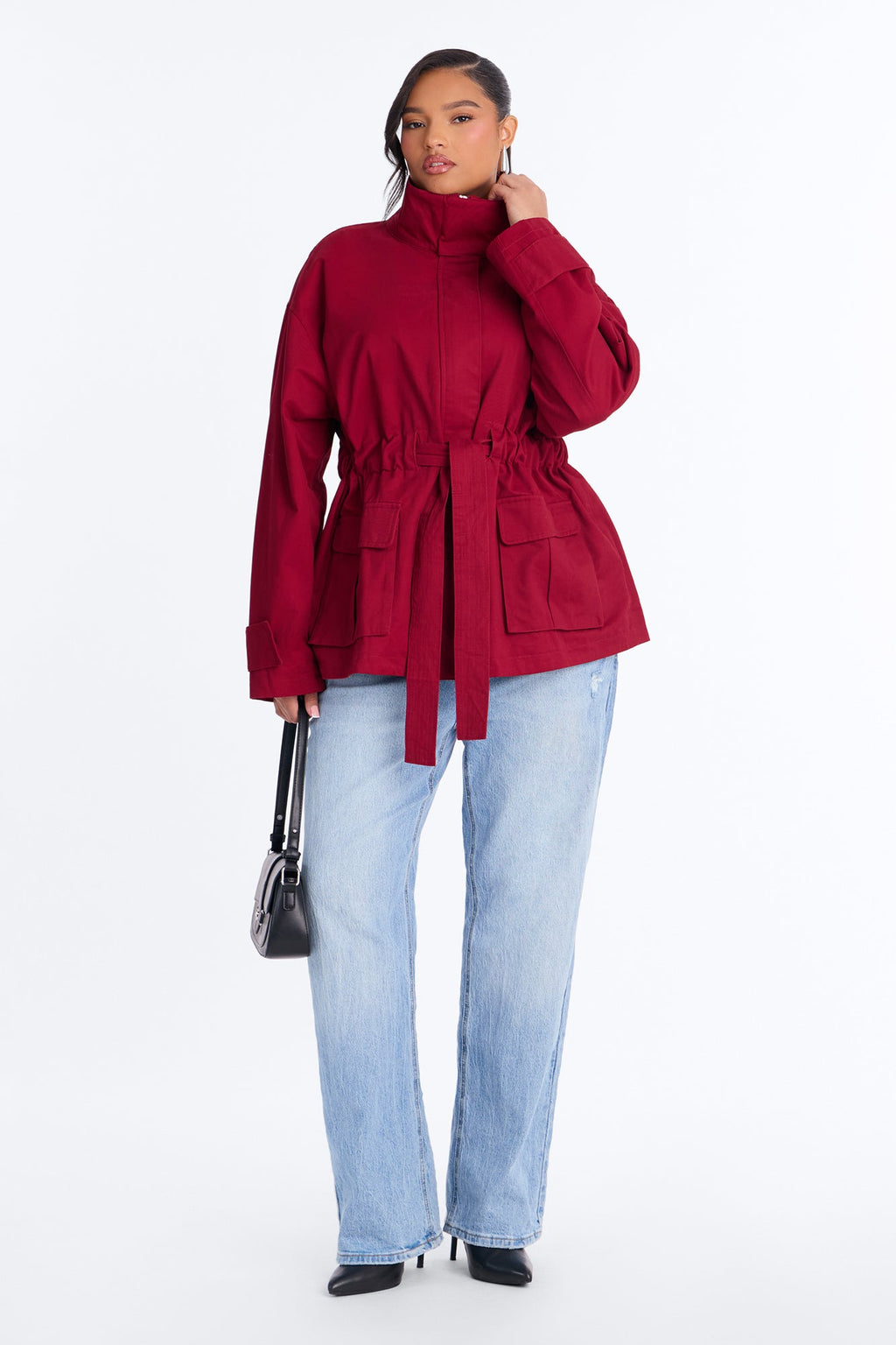 Keeping It Classy Belted Funnel Neck Anorak Jacket - Red