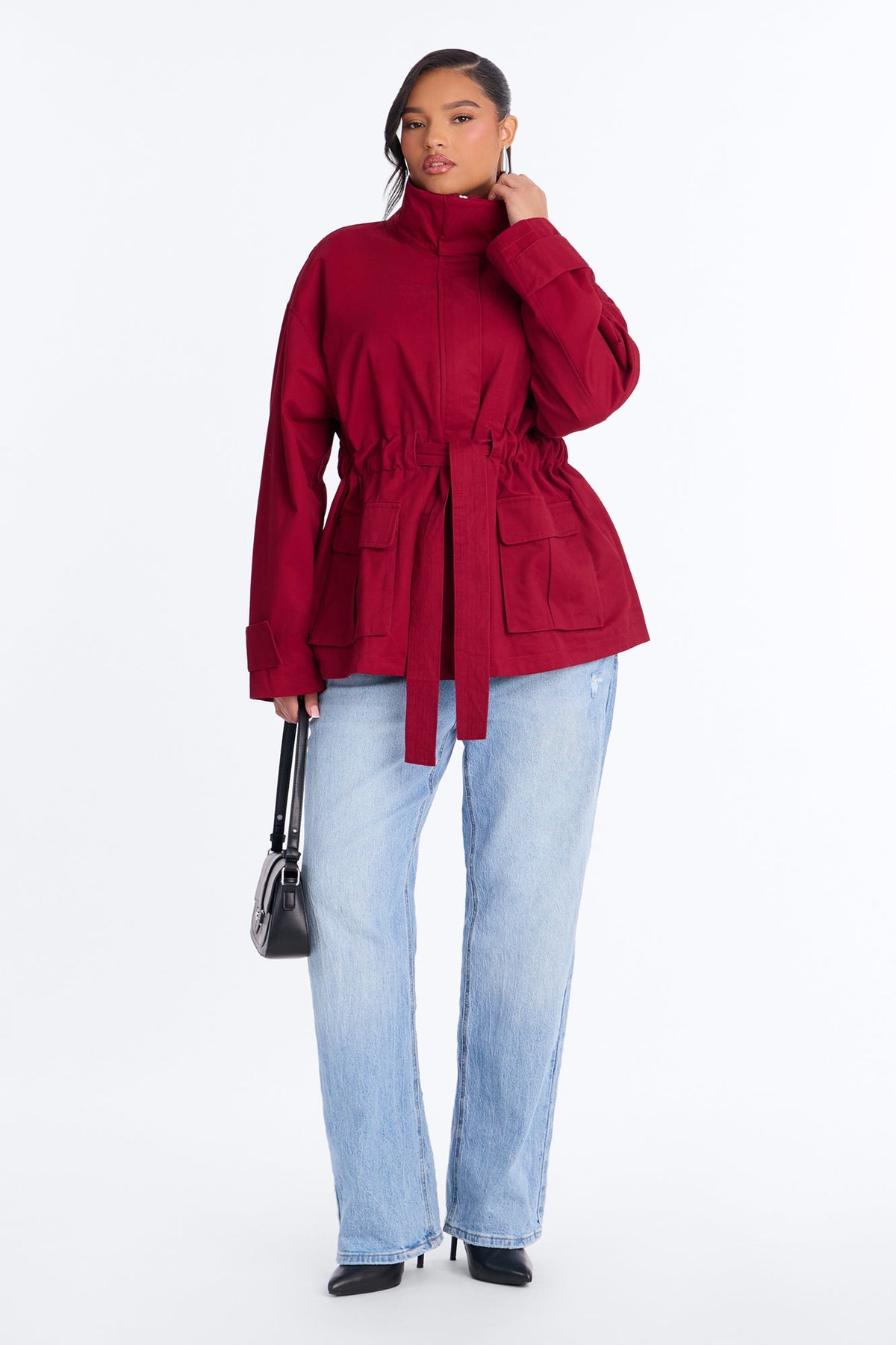Keeping It Classy Belted Funnel Neck Anorak Jacket - Red