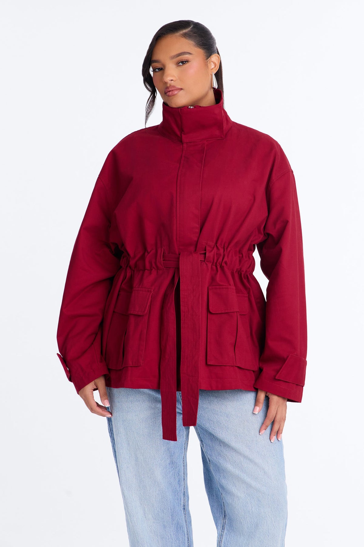Keeping It Classy Belted Funnel Neck Anorak Jacket - Red