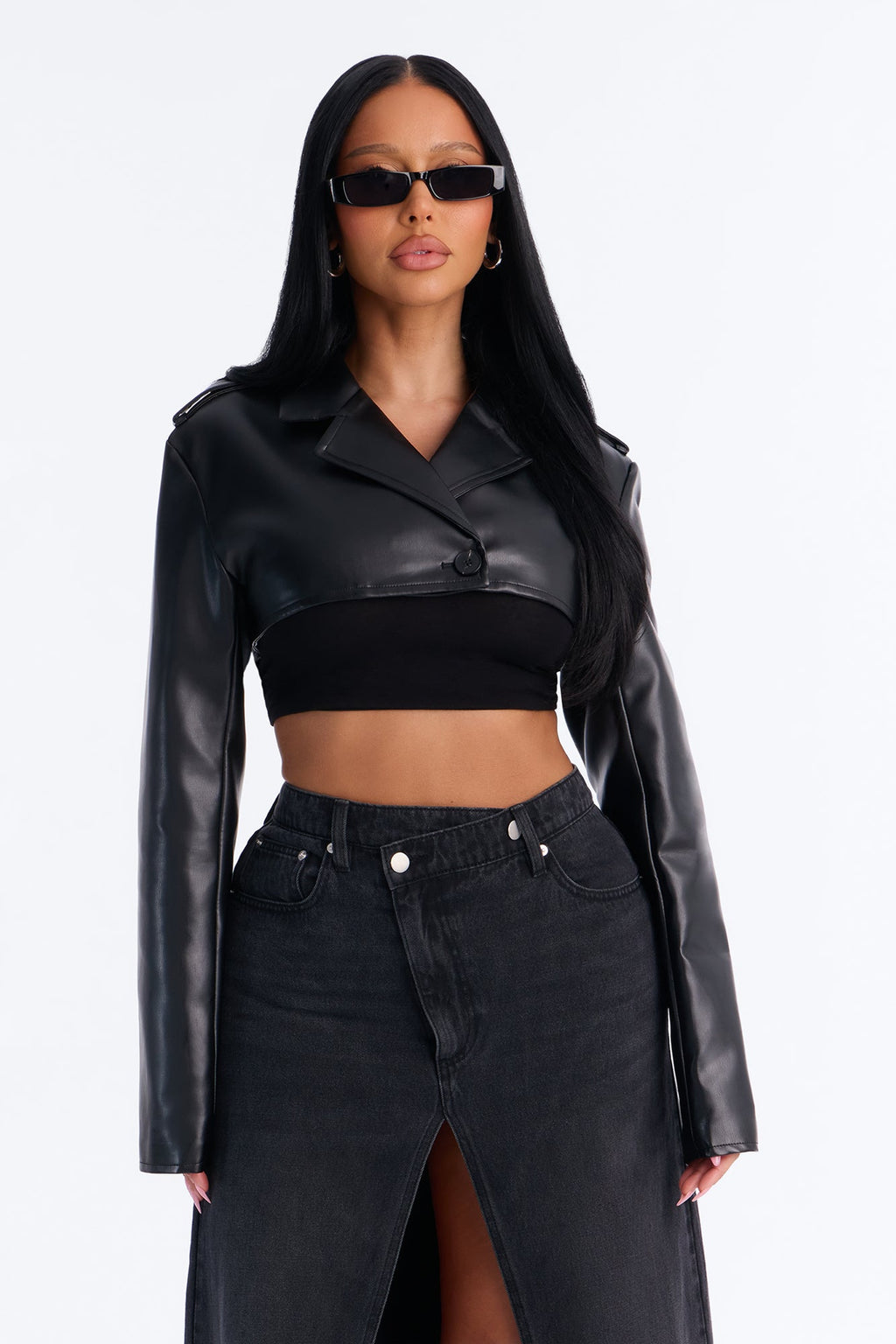 Cropped And Ready Faux Leather Trench Bolero - Black