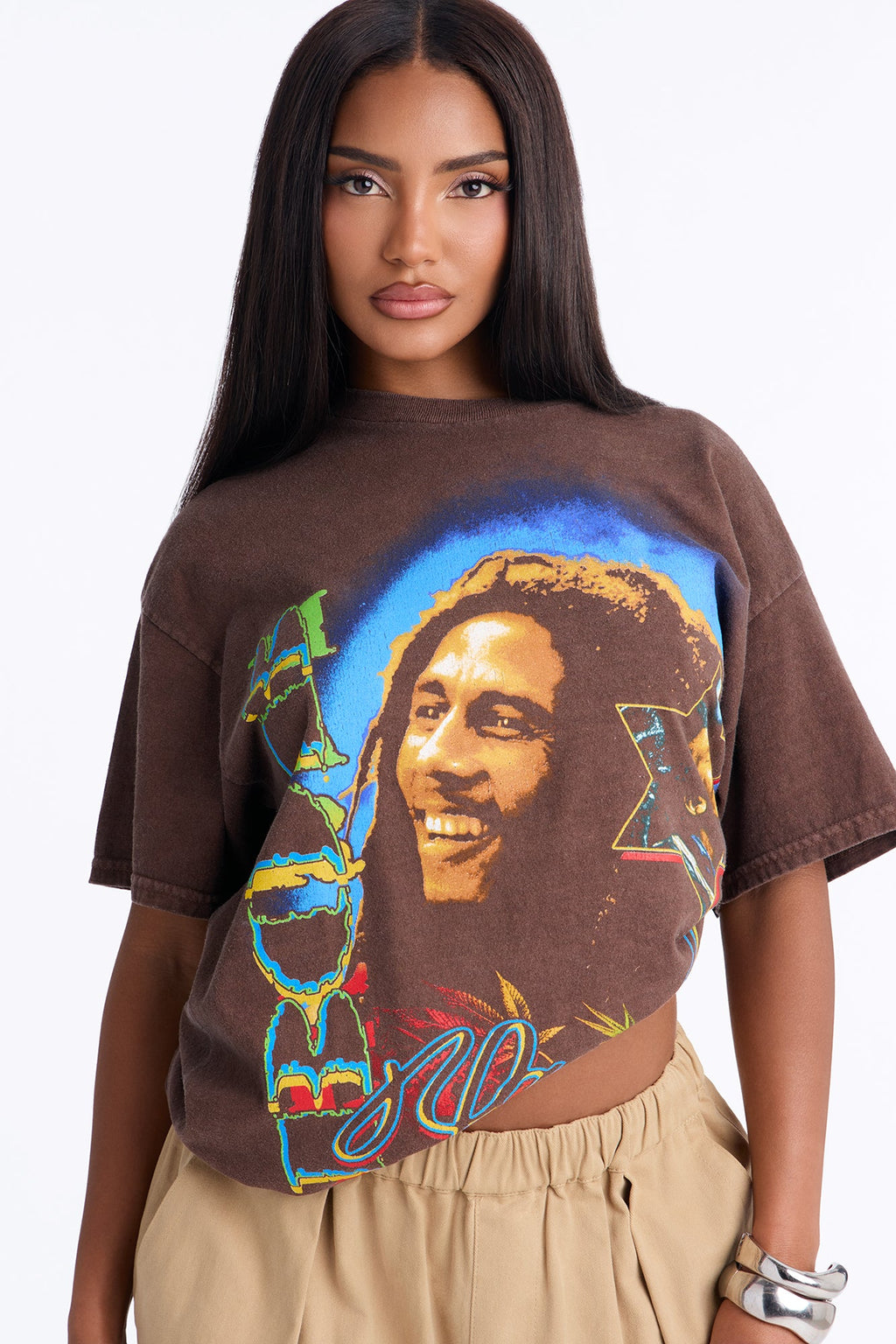Bob Marley Aura Washed Oversized Tee - Brown