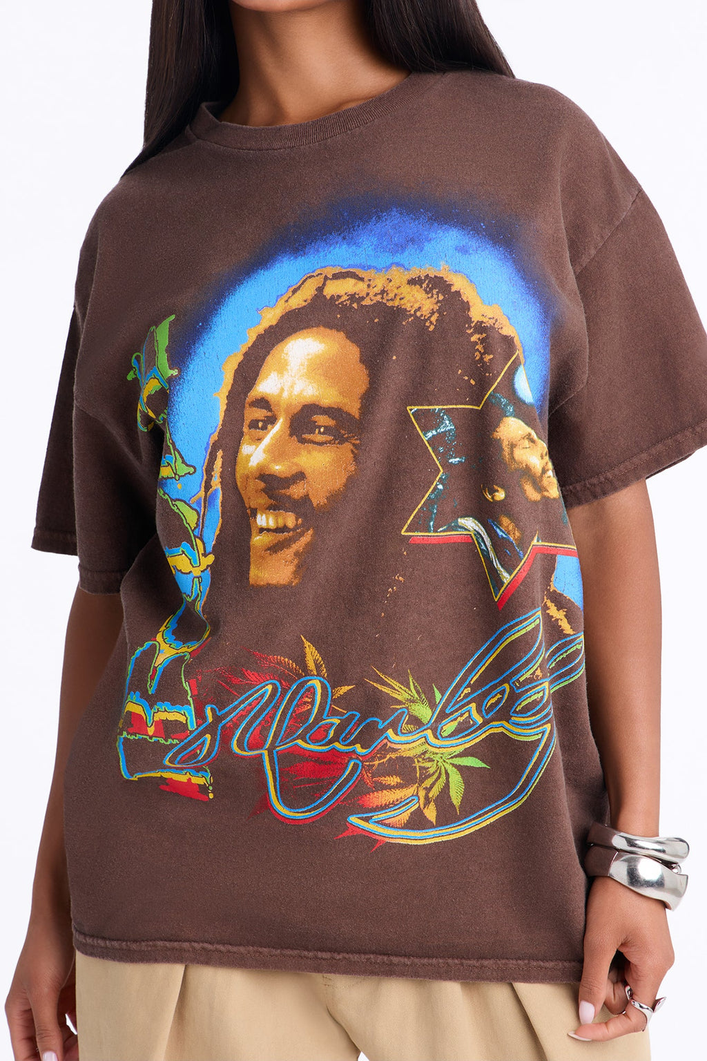 Bob Marley Aura Washed Oversized Tee - Brown