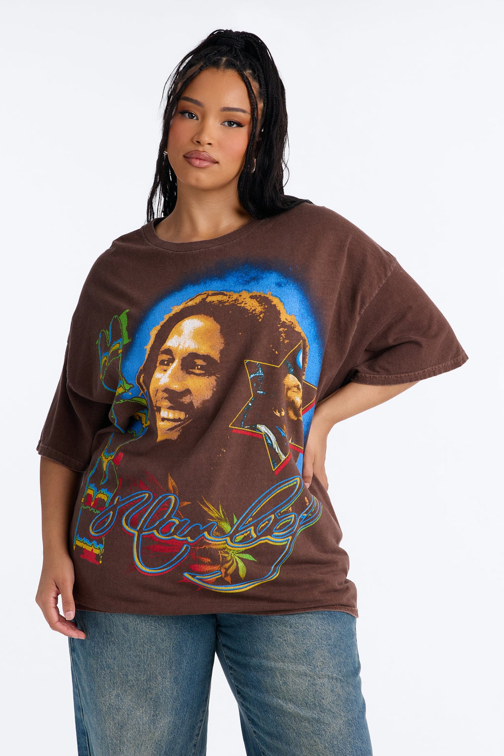 Bob Marley Aura Washed Oversized Tee - Brown