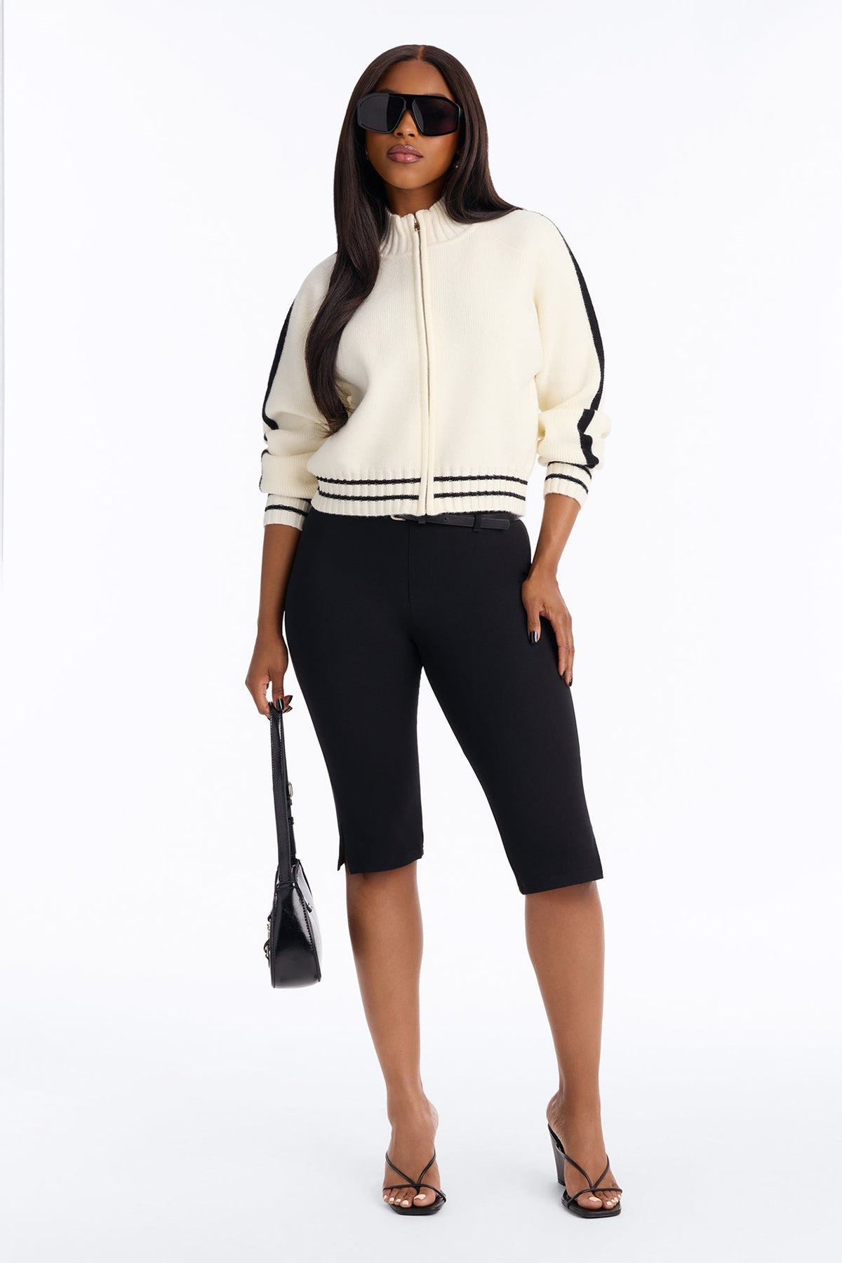 Romi Striped Long Sleeve Zip Up Sweater - Cream/combo
