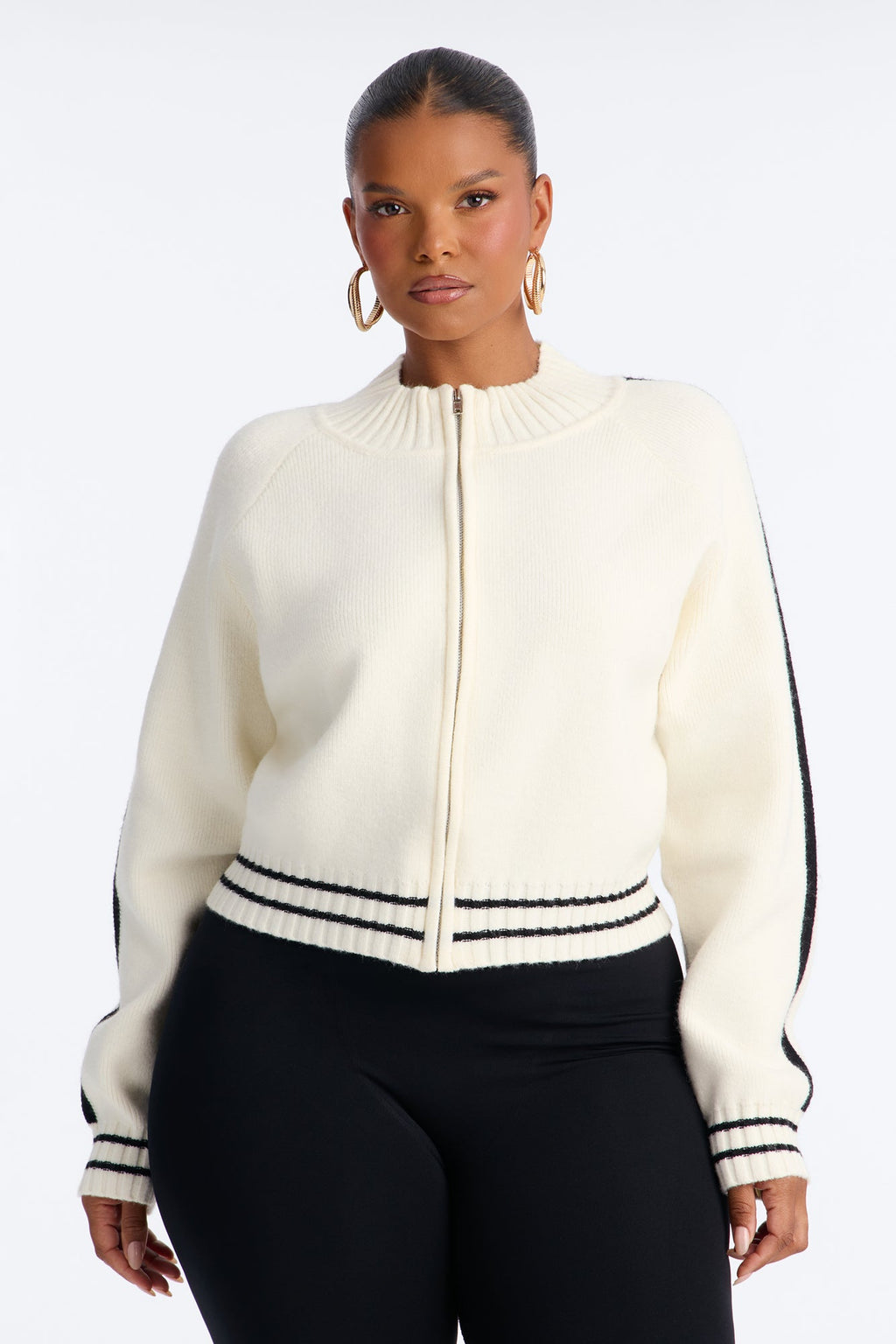 Romi Striped Long Sleeve Zip Up Sweater - Cream/combo