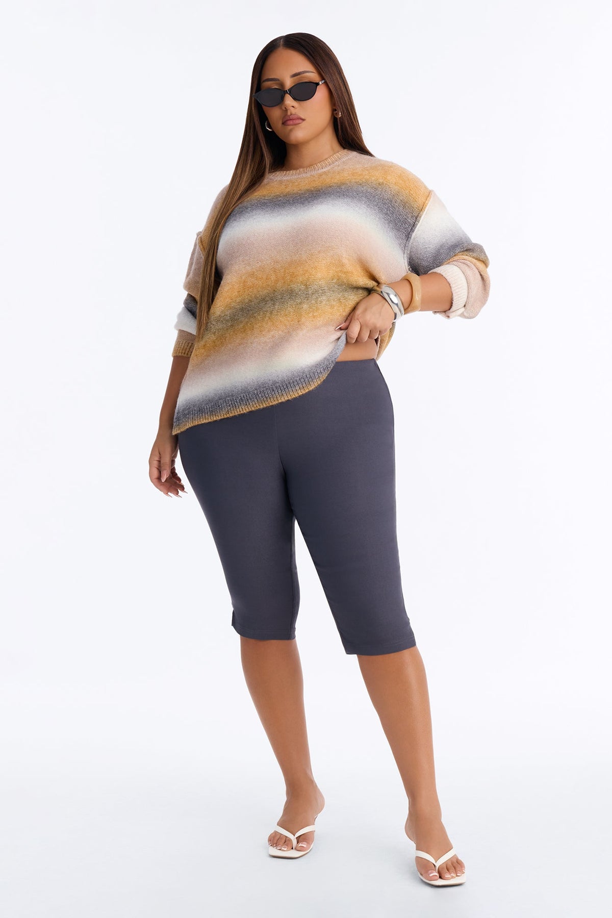 Ayla Striped Long Sleeve Oversized Sweater - Orange/combo