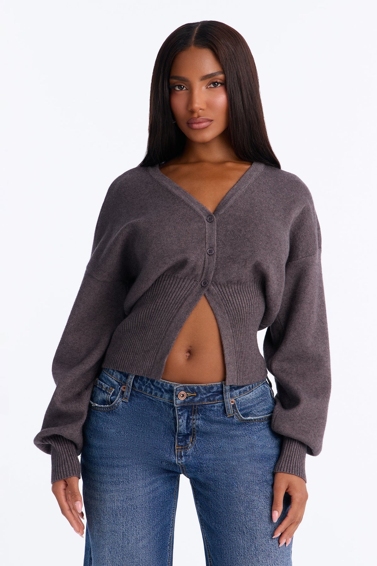 Charlotte Long Sleeve Split Cardigan - Charcoal