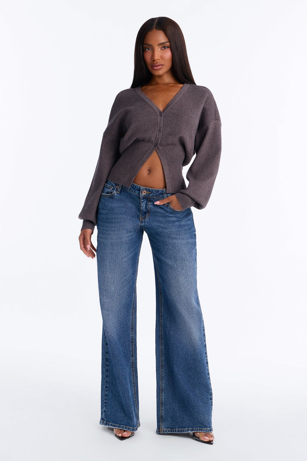 Charlotte Long Sleeve Split Cardigan - Charcoal