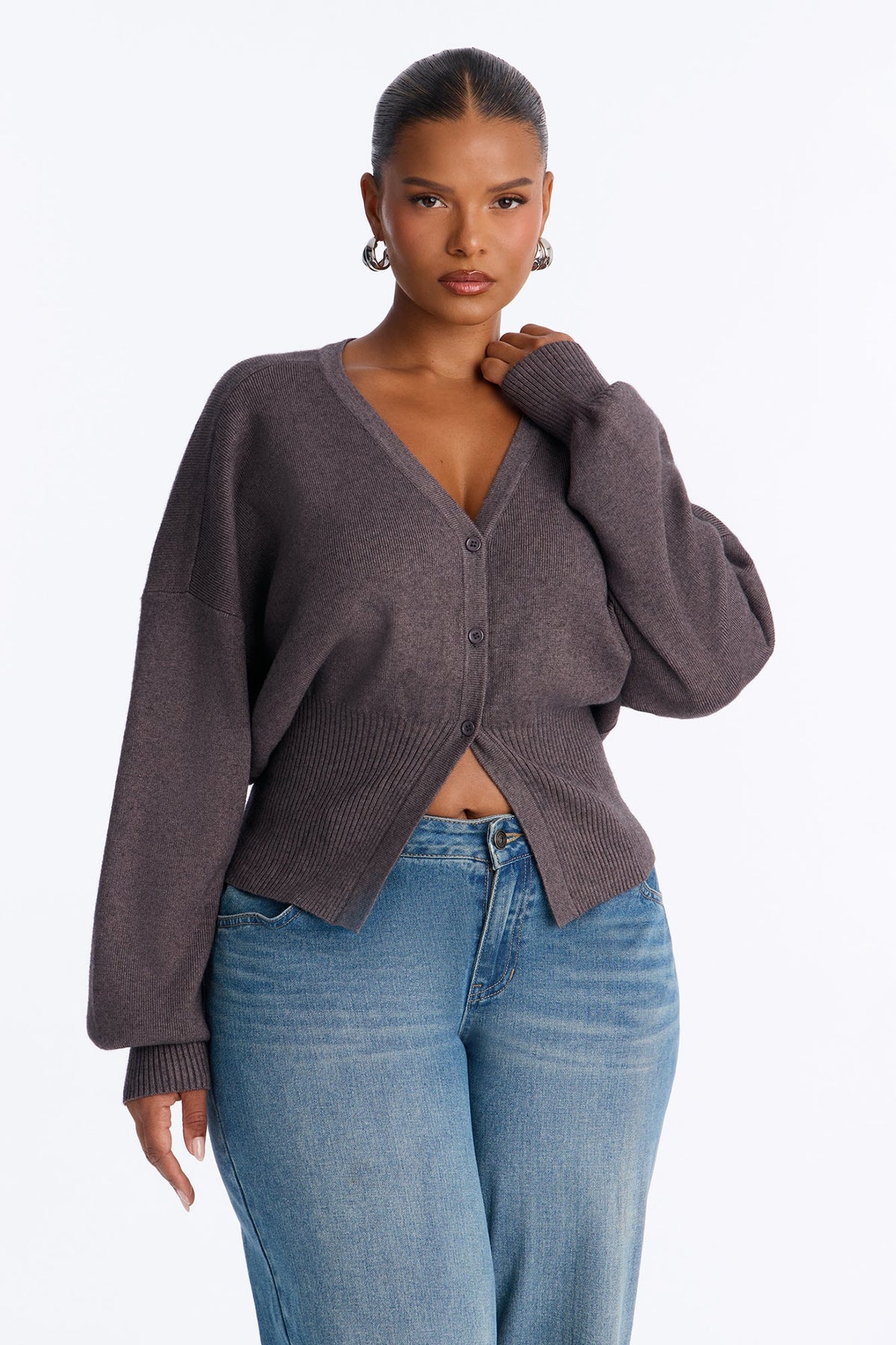 Charlotte Long Sleeve Split Cardigan - Charcoal
