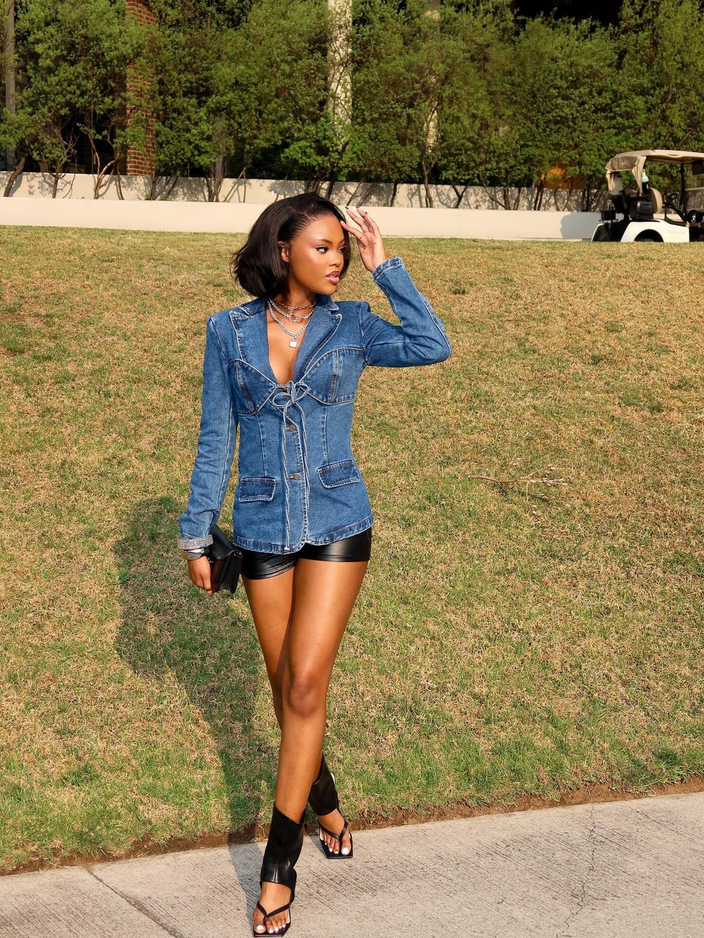 So Inspired Tie Front Denim Blazer Jacket - Medium Wash