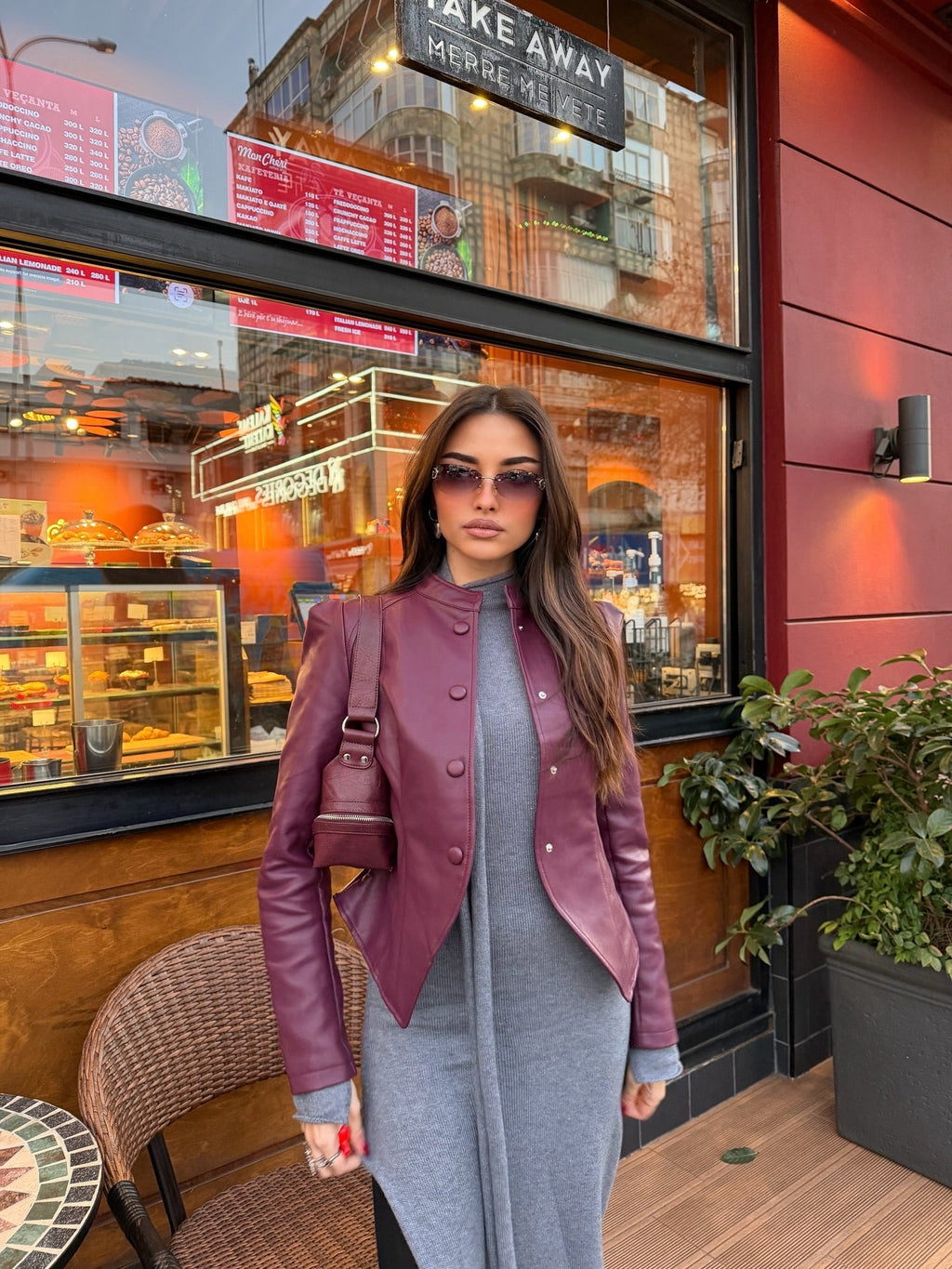 Demi Faux Leather Hourglass Jacket - Wine
