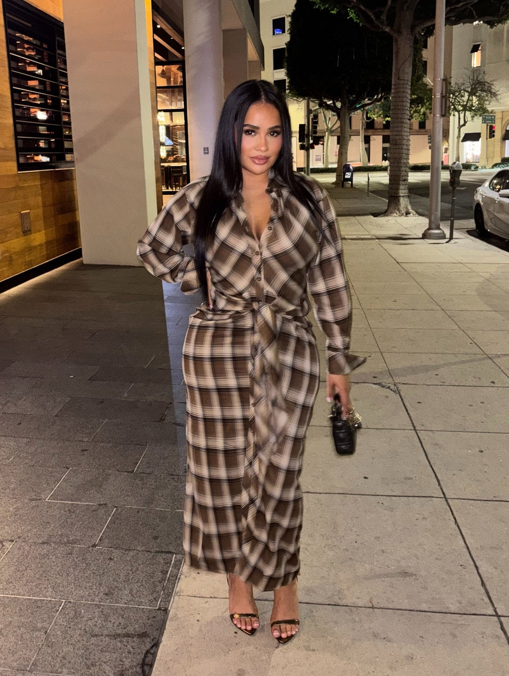 Xylia Plaid Maxi Dress - Brown